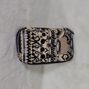 SAKROOTS Coated Canvas Smart Phone Wristlet Wallet Crossbody Black and Cream